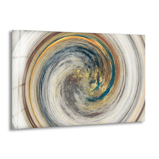 Golden spiral vortex hanging wall art features a bright, luminous golden center with swirling abstract patterns on glass.