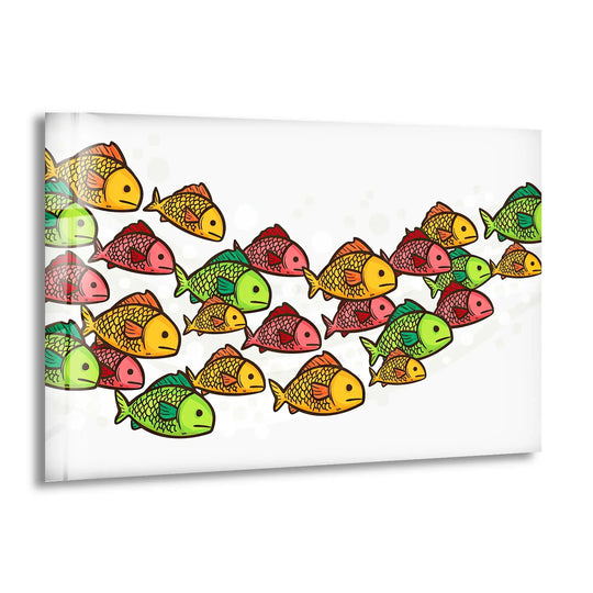 A school of vibrant fish swim across this glass art, casting subtle shadows that highlight their colorful scales.