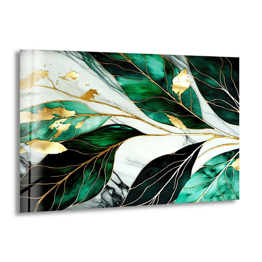 Close-up of emerald green leaves with gold accents on marble background, an art from glass.