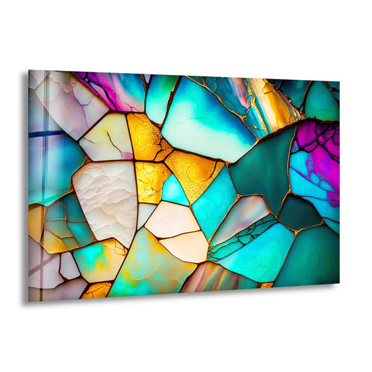 A vibrant print wall art explosion of saturated teal, gold, and magenta abstract shapes.