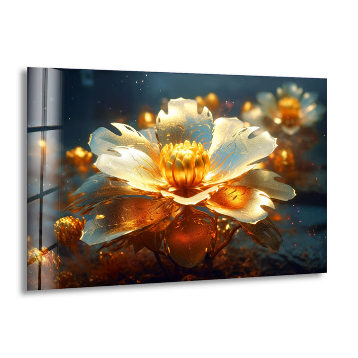 Golden Bloom Glass Wall Art – Luminous Abstract Flower Print