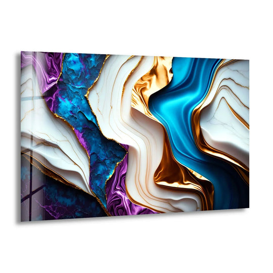 Abstract print wall art featuring vibrant sapphire blue and deep purple against stark white marble and shimmering gold contrasting patterns.