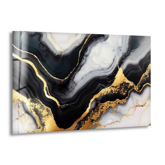 Abstract home decor featuring layered swirls of black, white, and metallic gold creating a sense of deep, luxurious dimension.