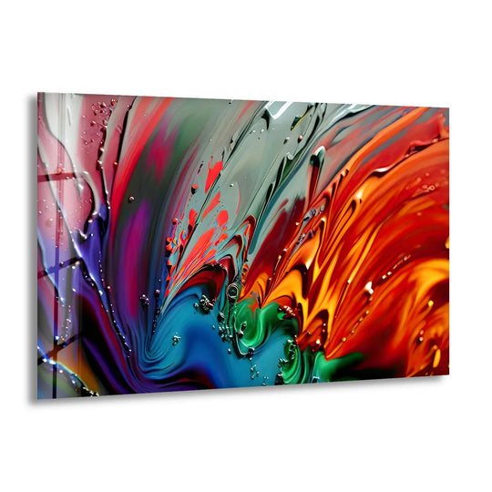Abstract glass art painting featuring vibrant swirls and splashes of color against a clean, white background.