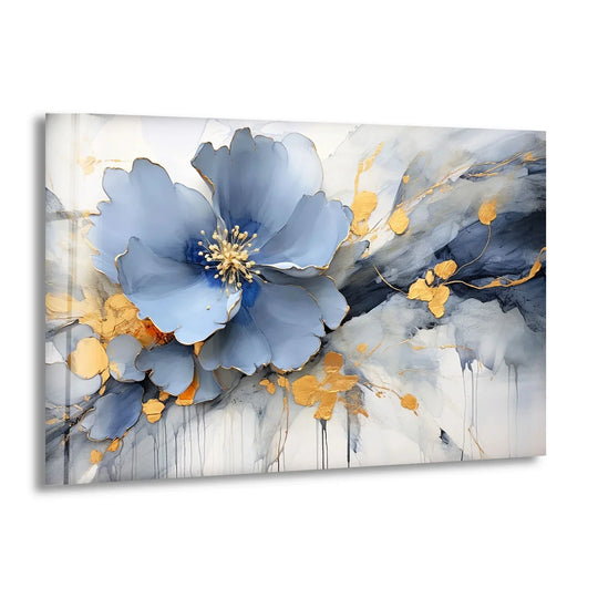 Dominant in soft blues, this elegant floral glass print, a piece of hanging wall art, features golden blossoms against a textured background.
