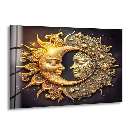 Space Wall Art Featuring Celestial & Gothic Wall Art For A Unique DecorGlass wall art golden sun with moon like faces and celestial design and gothic mode style plus elegant decor
