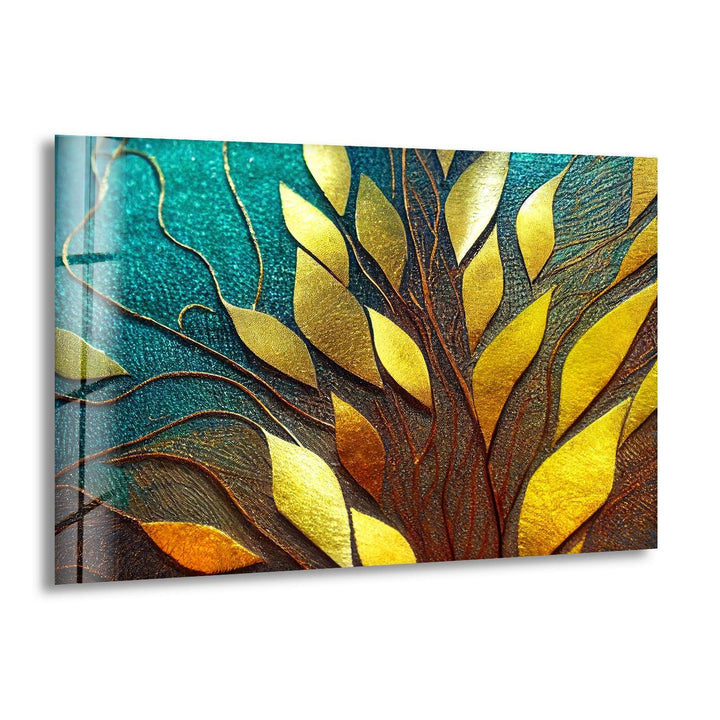 Golden Leaf Tree Glass Wall Art – Elegant Botanical Design with Teal & Amber Accents - MyPhotoStation