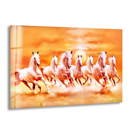 A vibrant sunrise with glowing clouds forms the background for this spiritual seven running horses hanging wall art.