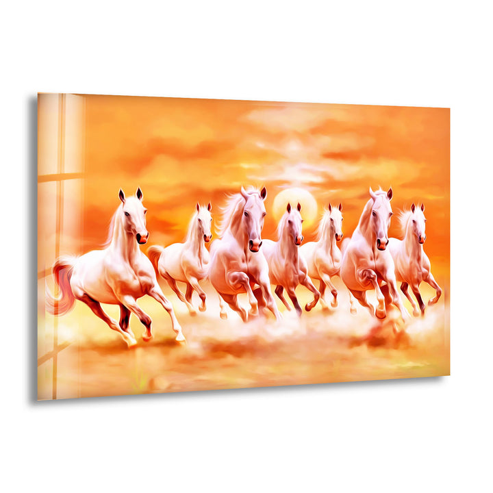 Wandkunst mit sieben laufenden Pferden – Spirituelle Sonnenaufgangsszene, Glasdruck