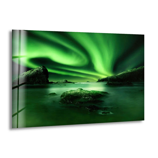 Depth and layers accentuate the swirling green aurora borealis in this northern lights print wall art, offering a mesmerizing, multi-dimensional view of the night sky.