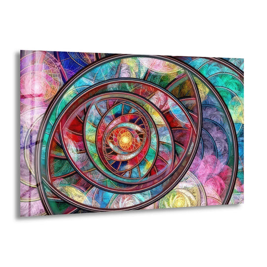 Stunning abstract glass wall art decor features a vibrant, mesmerizing psychedelic spiral design with a glossy finish.