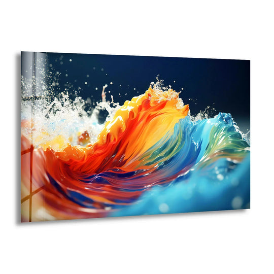 A horizontal glass wall art decor depicting a dynamic abstract wave shape with vibrant orange and blue color splashes.