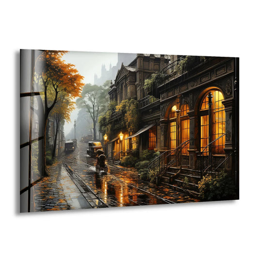 City Prints with rainy autumn cityscape and vintage street wall art and warm lights mood on glass