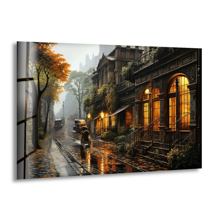 Rainy Vintage Street Wall Art – Warm Autumn Cityscape Glass Print - MyPhotoStation