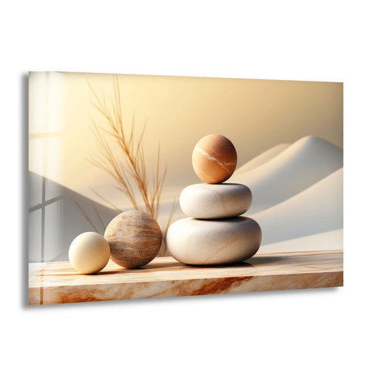 Zen Balance Glass Wall Art – Minimalist Stone Sculpture in Desert Light - MyPhotoStation