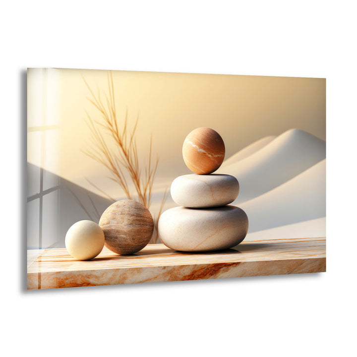 Zen Balance Glaswandkunst – Minimalistische Steinskulptur im Wüstenlicht 