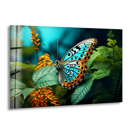 Blue Monarch Glass Wall Art – Vibrant Butterfly on Leaf Print - MyPhotoStation