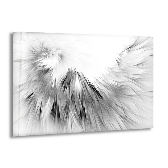Brightest white abstract feather texture hanging wall art on glass with subtle black accents.