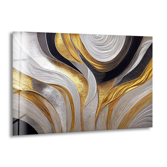Abstract fluid glass print décor featuring a focal point of textured silver and gold waves, representing the best glass art.