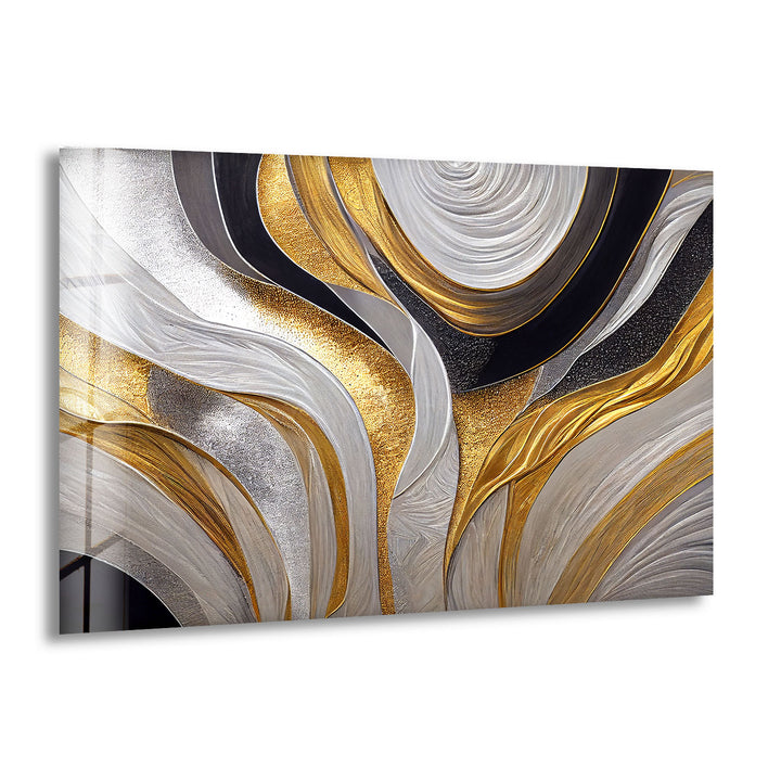 Silver Gold Wave Wall Art – Luxury Abstract Fluid Glass Print Décor