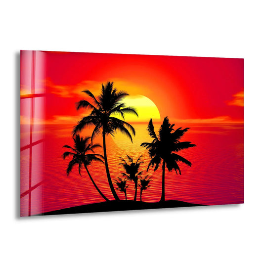 Showcasing the sleek edge of decorative wall art, this tempered glass tropical sunset palm tree scene features vibrant colors and a frameless border.