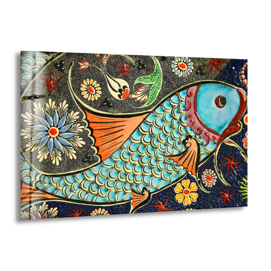 Glass wall art prints featuring a vibrant, ceramic-inspired fish with intricate floral details.