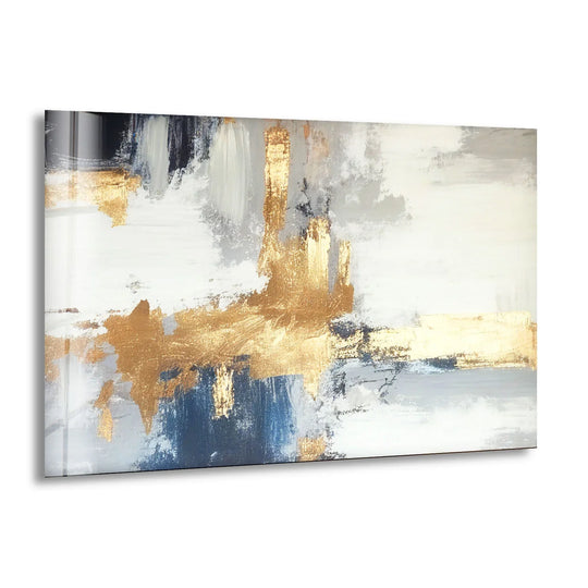 Minimalist glass art painting featuring navy and gold abstract brushstrokes on a white background.
