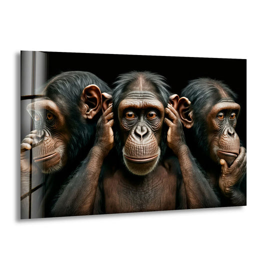 Three wise monkeys are depicted against a solid black background on this home decor glass print.