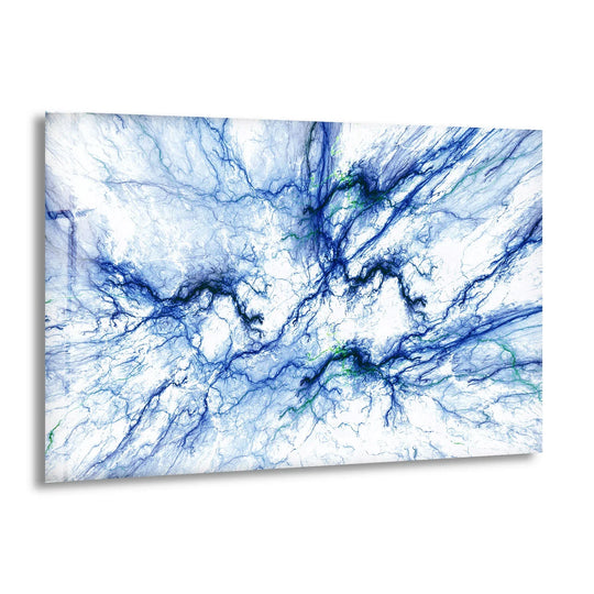 Abstract glass printing showcases electric blue veins against expansive white negative space.