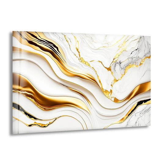 Dark obsidian streaks accent this luxury abstract glass print wall art with flowing white and gold marbling.