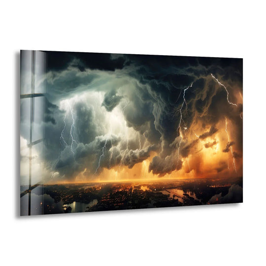 Transitional hues showcase this dramatic thunderstorm cityscape glass wall art decor, blending ominous dark clouds with vibrant lightning illuminating the cityscape below.