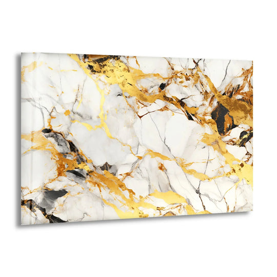 Luminous white and gold marble veining enriches the smooth surface texture of this abstract home decor glass art.