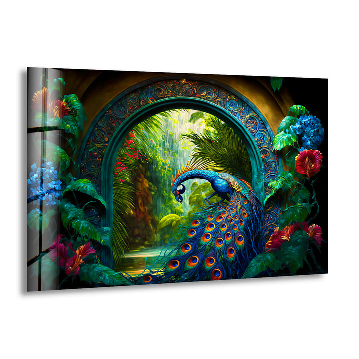 Majestic Peacock Garden Glass Wall Art – Elegant Nature-Inspired Decor