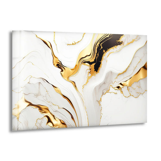 Fluid gold and black ink transitions create a luxurious abstract pattern on this white glass wall artwork.