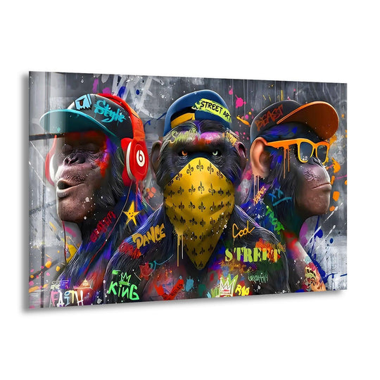 Darkest graffiti-splattered areas frame three cool monkeys in this glass wall art decor.