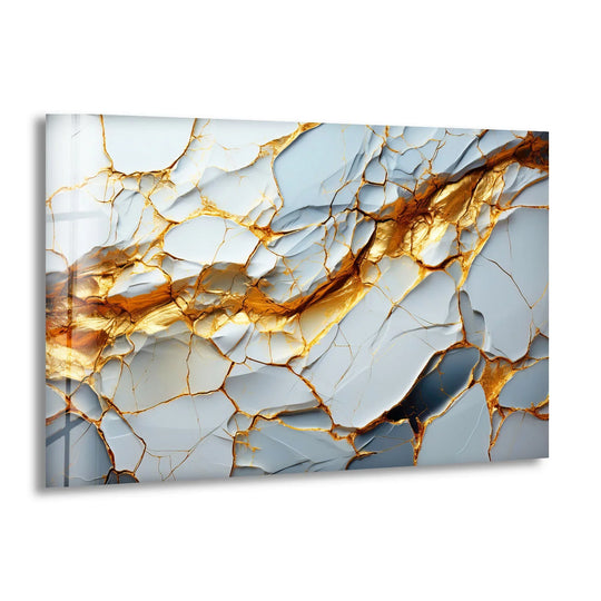 Abstract glass wall art showcases a striking transition from cool white to deep grey, highlighted by shimmering golden veins for elegant home decor.