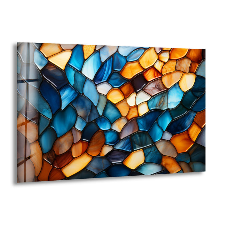 Wandbild mit Buntglasmuster – Abstrakter blauer und bernsteinfarbener Glasdruck 