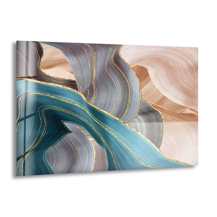 Goldene Adern Abstrakte Wandkunst – Blauer und beiger Glasdruck 