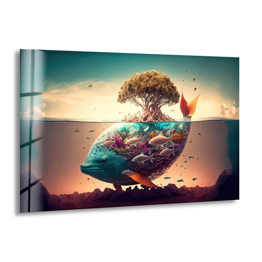 Surreal Whale Ecosystem Wall Art – Tree of Life Fantasy Glass Print - MyPhotoStation