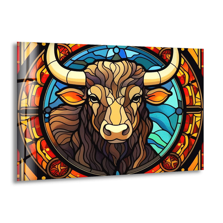 Wanddekoration mit Stier aus Buntglas – Rustikales Dekor, modernes Tierdesign 