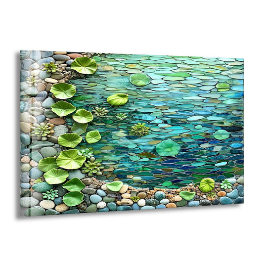 Featuring a smooth finish, the riverside land pebbles and water tempered glass wall art showcases a captivating scene.