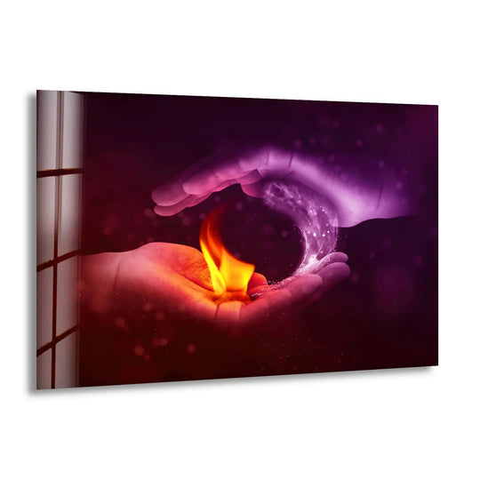 Realistic detail showcases hands forming a yin-yang symbol with fire and swirling water, a perfect piece of best glass art.