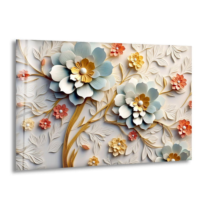 3D-Wandkunst mit blühenden Blumen – Eleganter Blumendruck aus geprägtem Glas 