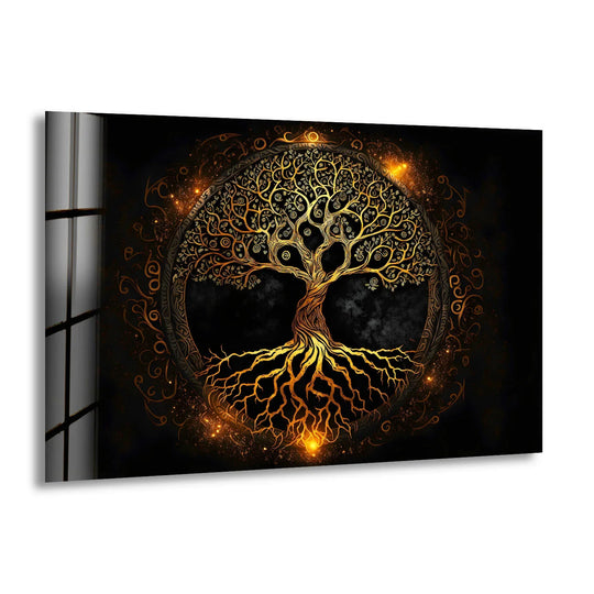 Highlighting the abstract quality, the Tree of Life glass design showcases glowing gold roots and branches, creating luminous wall prints with a spiritual and elegant ambiance.