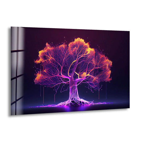 Warm color temperature illuminates the neon digital tree wall art, creating glowing wall prints with futuristic light on tempered glass.