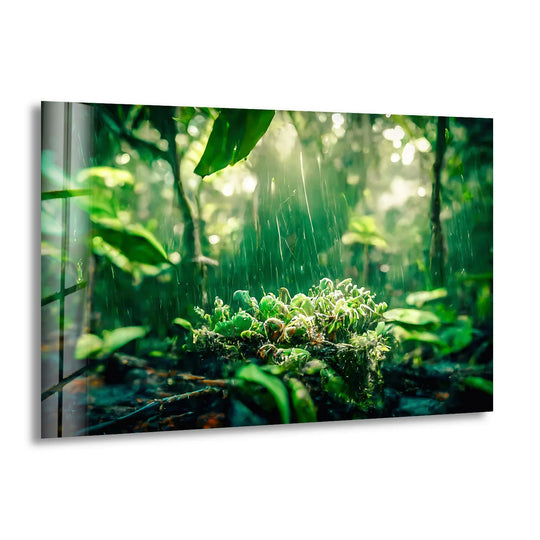 Boasting intense color saturation, this lush rainforest glass art painting captures the vibrant greenery and serene rainfall of a tranquil, tropical scene.