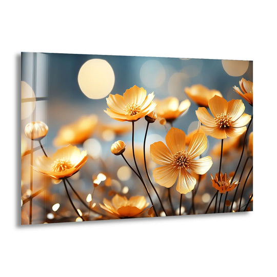 Foreground detail shows the golden petal bloom wall art prints, an elegant yellow flower glass print décor highlighted by bokeh.