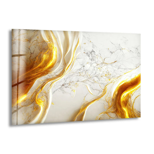 Flowing, soft white fabric drapes gracefully across this luxurious glass printing, accented with delicate gold veins.