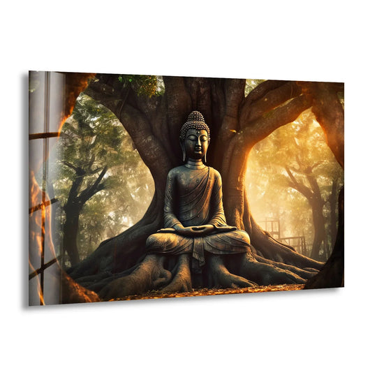 Sunlight and shadow play across this Buddha Under Tree glass print, creating a unique modern wall decor accent with a tranquil, spiritual feel.