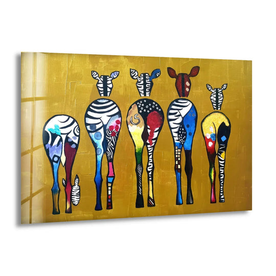 Abstract zebra glass wall artwork displays vibrant, organic forms in a rainbow of colors.